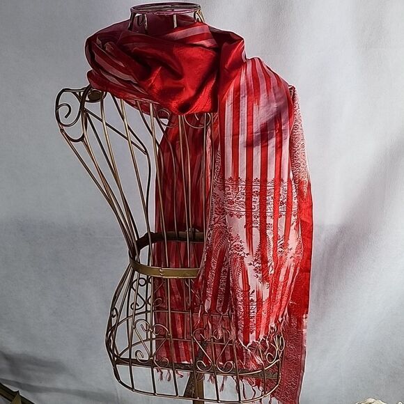 Vintage Silk Red Striped Paisle & Floral Scarf with Fringe - Picture 4 of 11